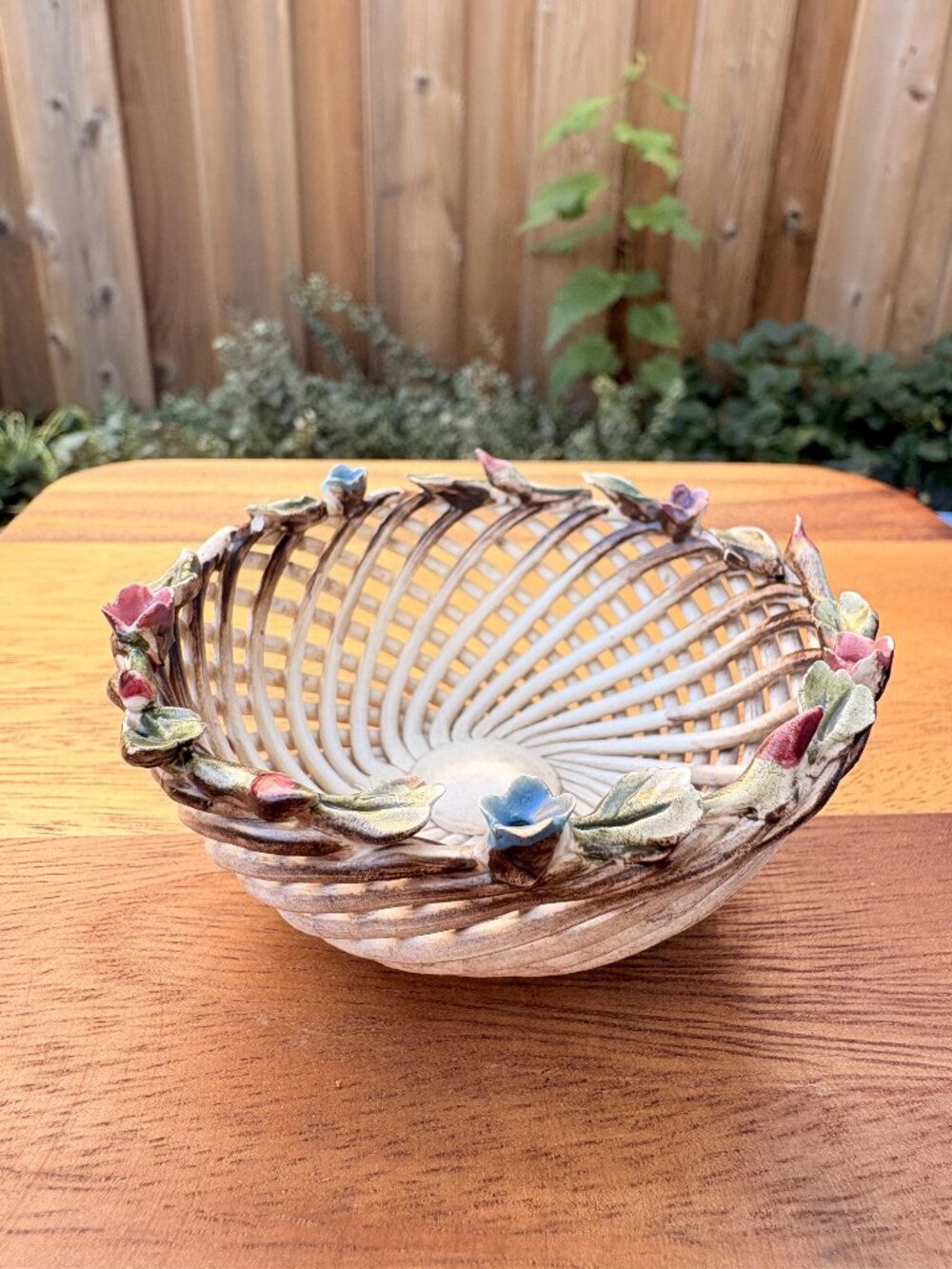 Vintage Miniature Ceramic Floral Basket, 3D Flowers, Italian Capodimonte Style